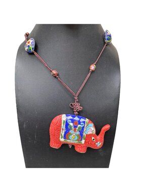 Vintage Cloisonné Elephant Necklace Adjustable Cord Heart Floral Beads Red Blue